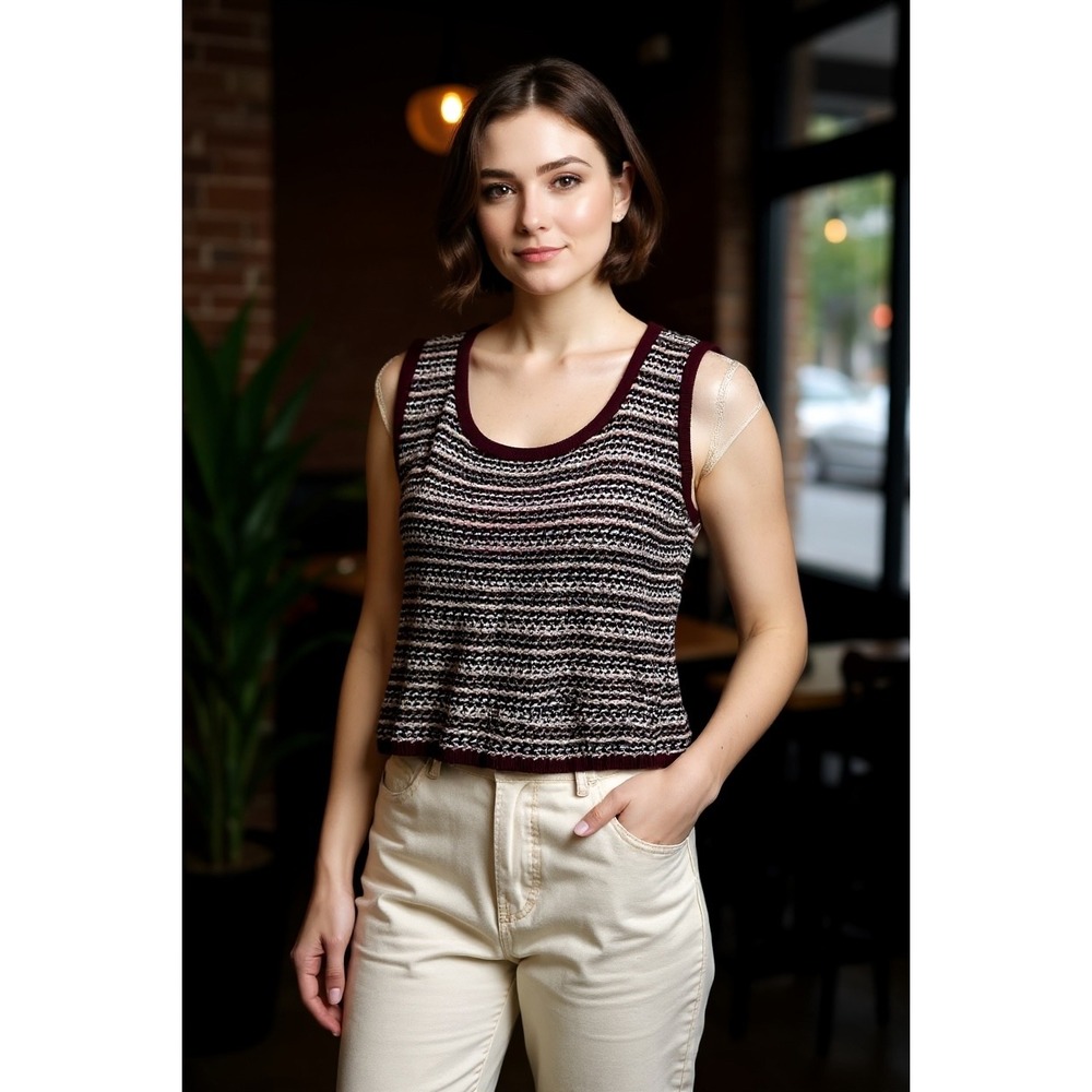 St John Sport Womens Medium Burgundy Striped Knit Scoop Neck Tank Top Sleeveless